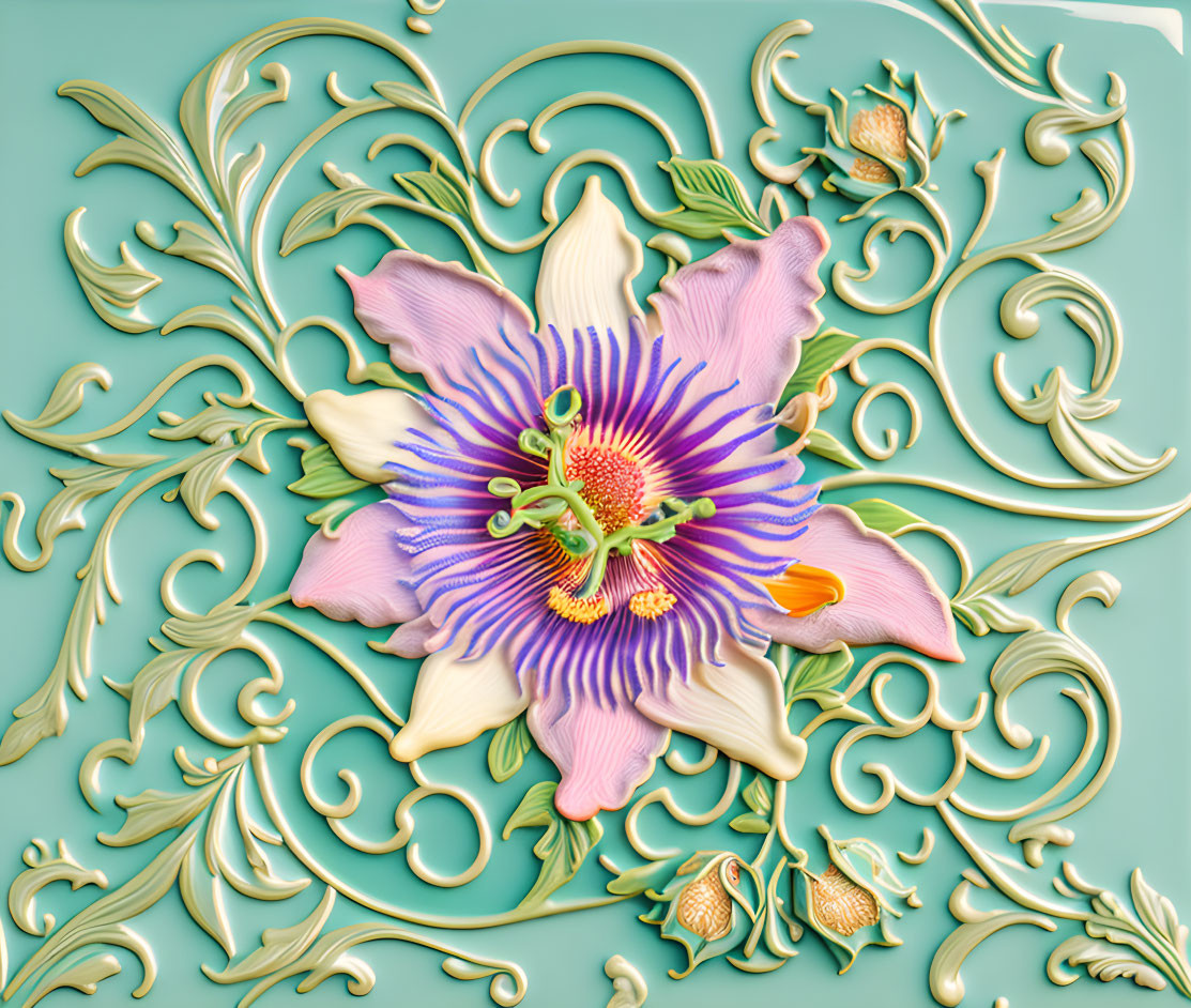 Detailed 3D illustration of ornate passion flower with gold leafy patterns on pastel green background