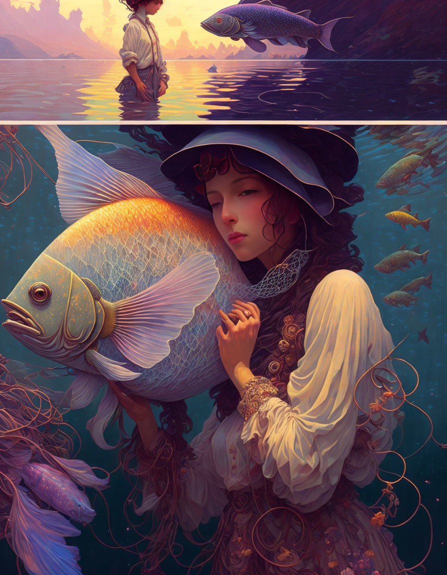 Surreal underwater scene with woman, giant fish, and boy above water with normal-sized fish in