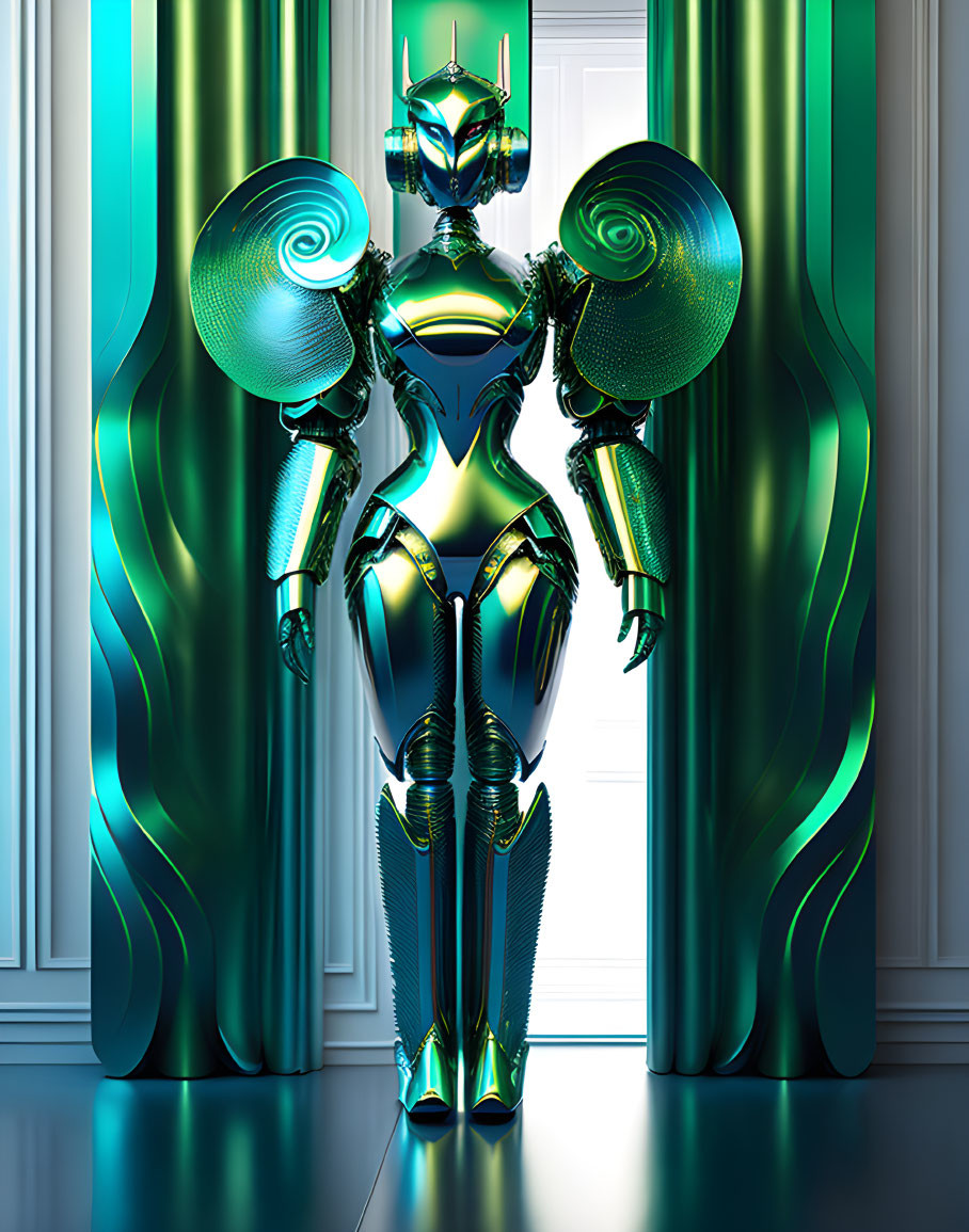 Futuristic blue metallic robot in high-tech setting