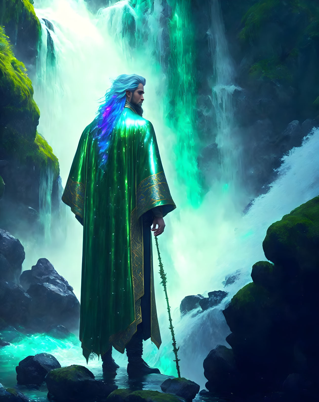 Majestic figure in green cloak by waterfall with staff and ethereal light