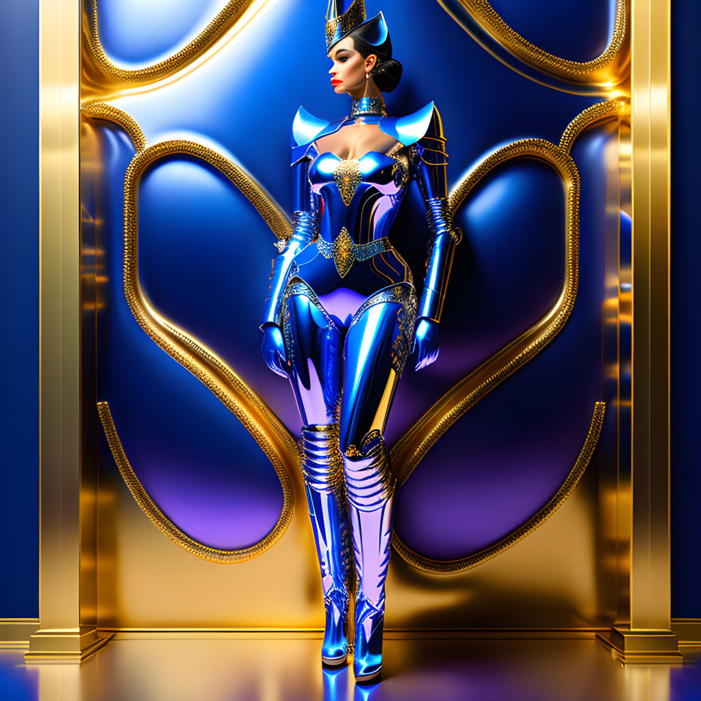Futuristic female figure in blue and gold armor against ornate golden backdrop