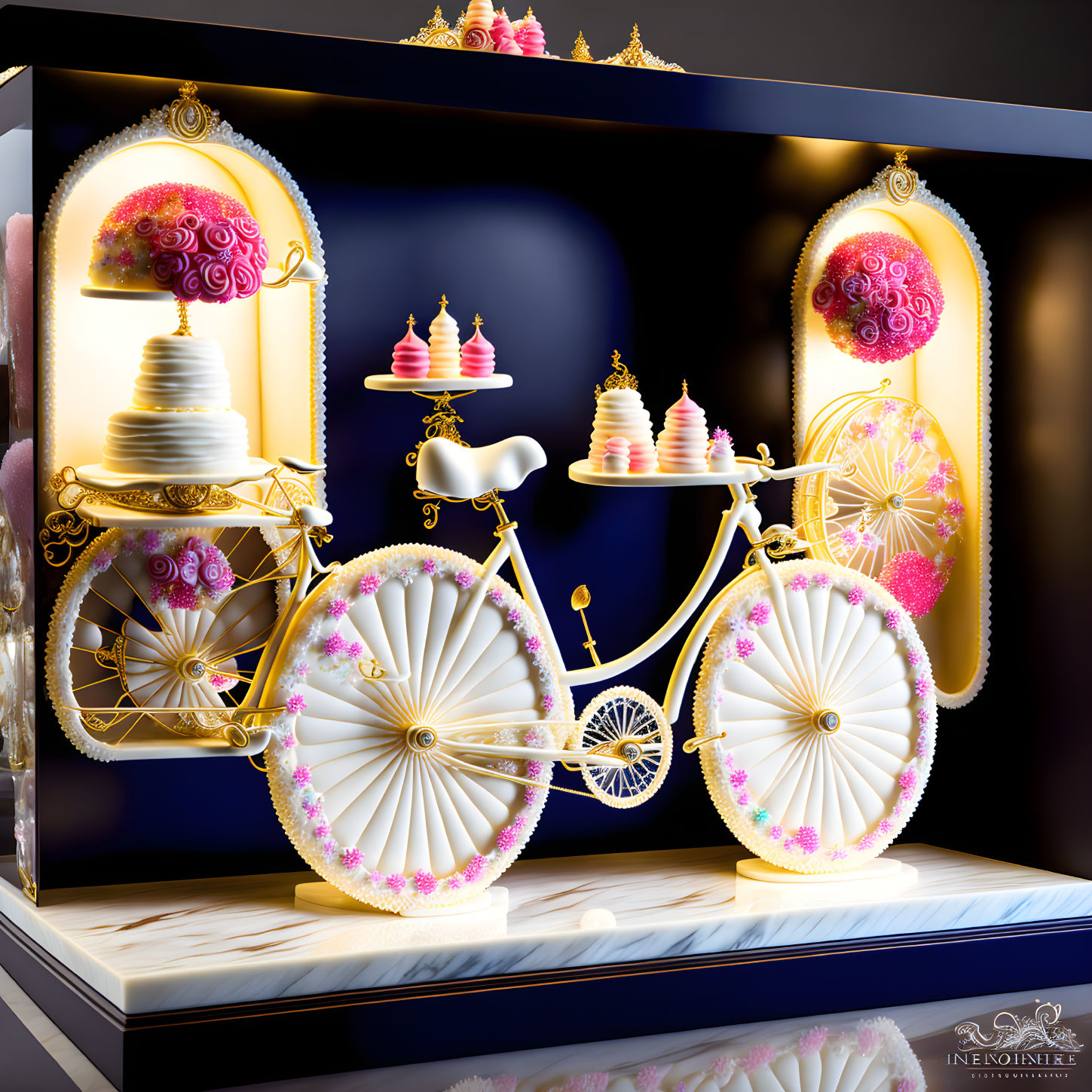 Gold Bicycle with Floral Arrangements and Cupcakes in Luxurious Display