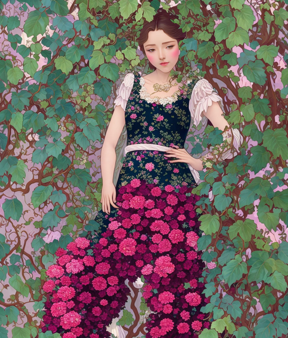 Illustration of Woman in Dress Surrounded by Pink Flowers and Green Foliage