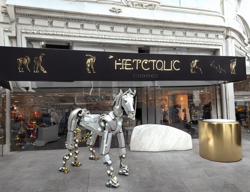 Robotic horse outside modern store with black signboard and Cyrillic text