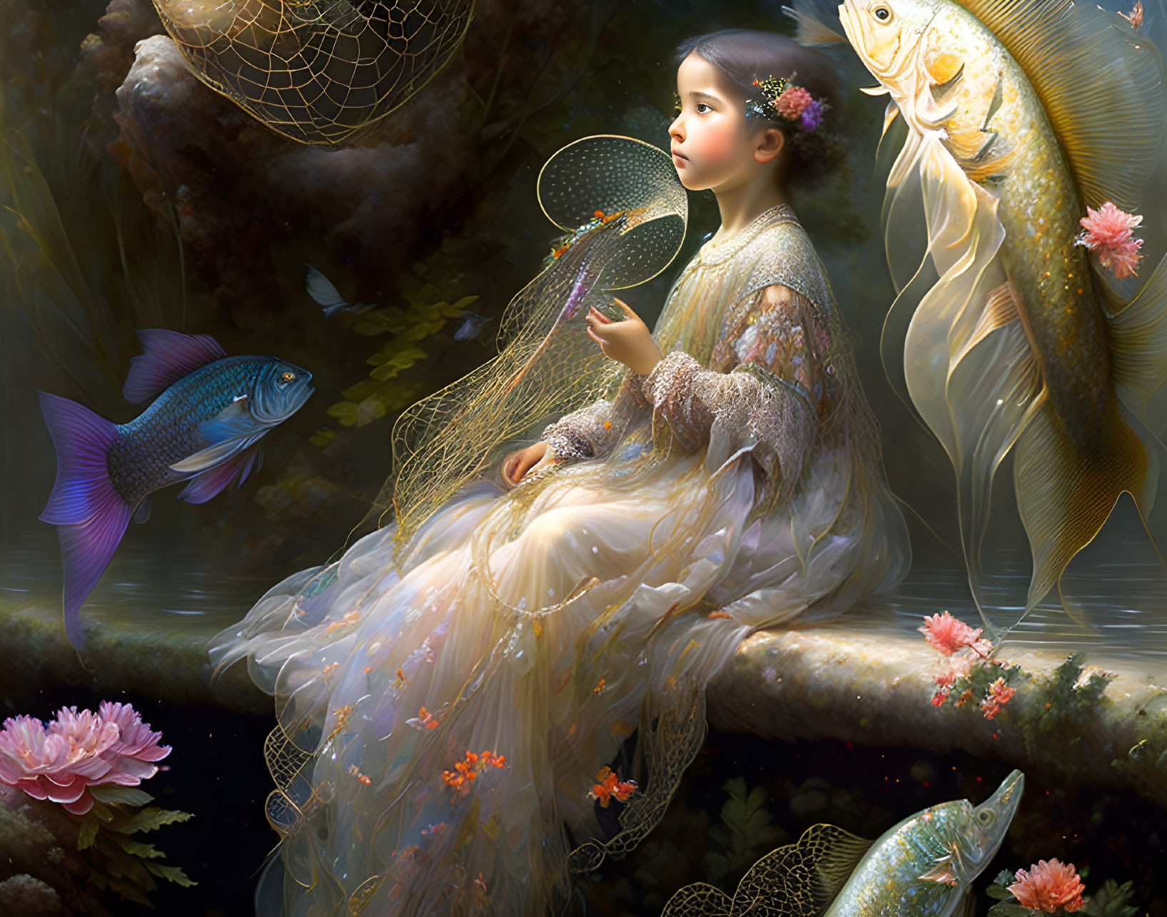 Surreal image: Girl in flowing dress by pond with colorful fish