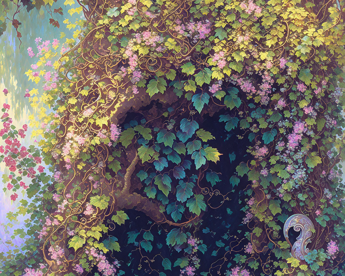 Ancient tree with large hollow, green foliage, pink and red flowers, hint of spiral staircase