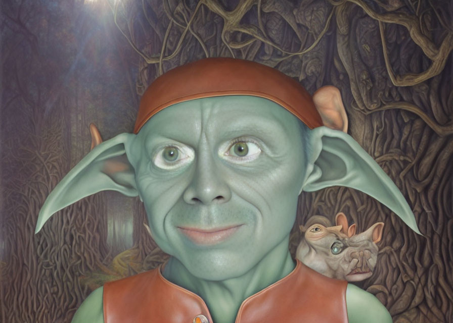 Fantasy creature with green skin and wide eyes, wearing headband and vest, with small creature on