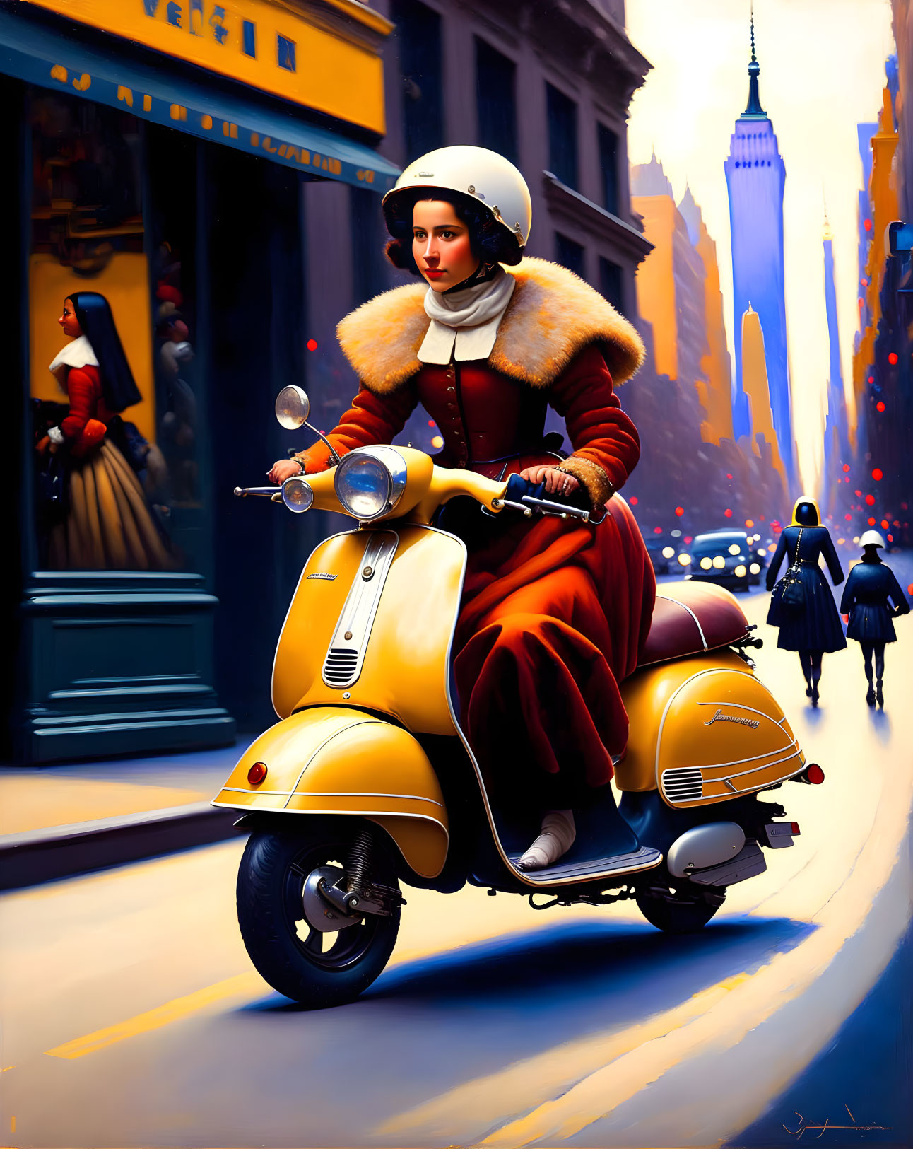 Fashionable woman in fur-collared coat on yellow scooter in city scene