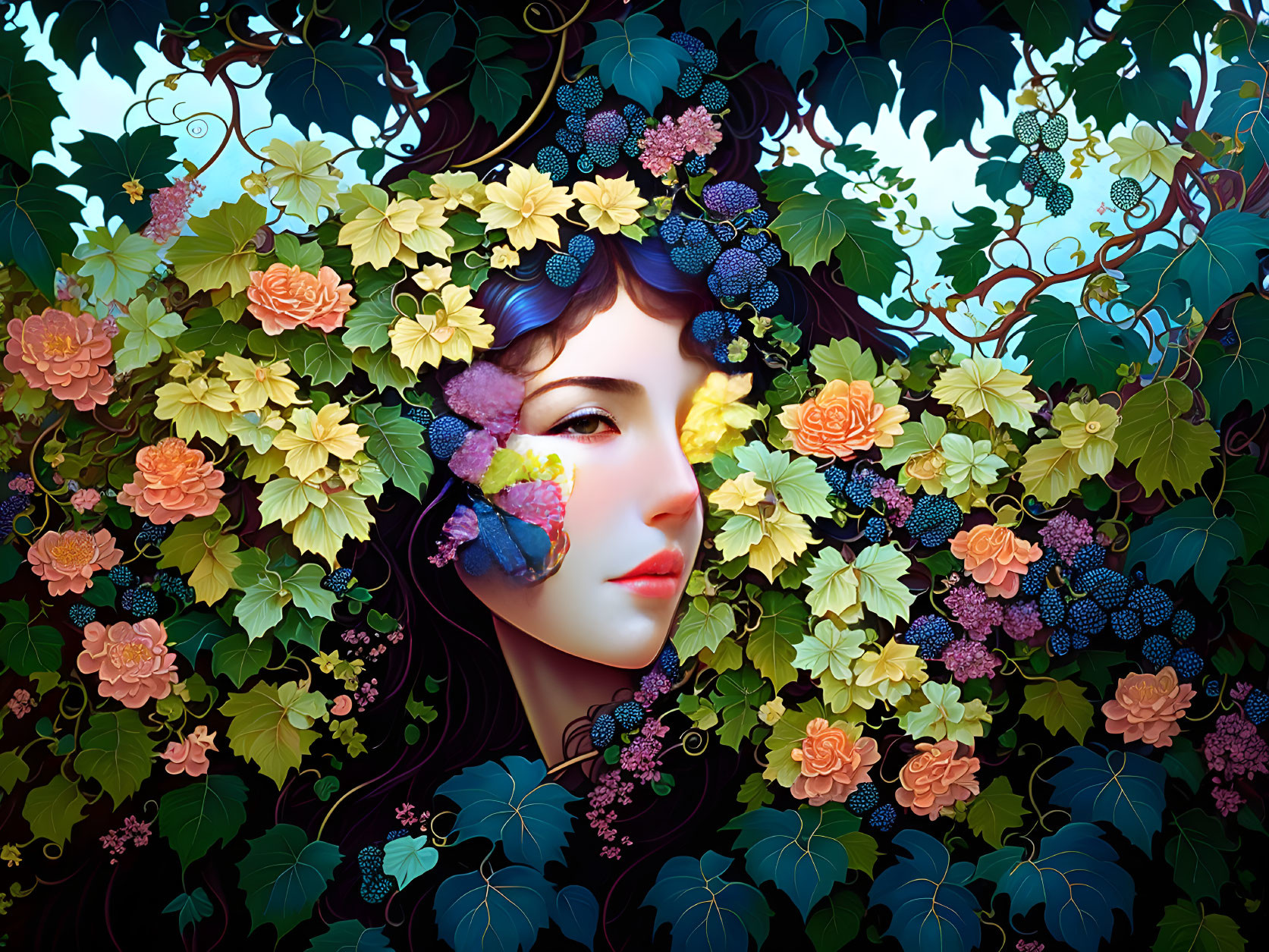 Colorful woman's face surrounded by lush flowers and foliage