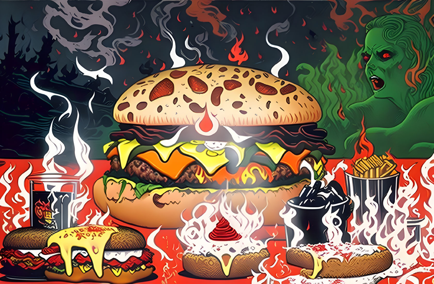 Flaming cheeseburger surrounded by fast food and ghostly figure