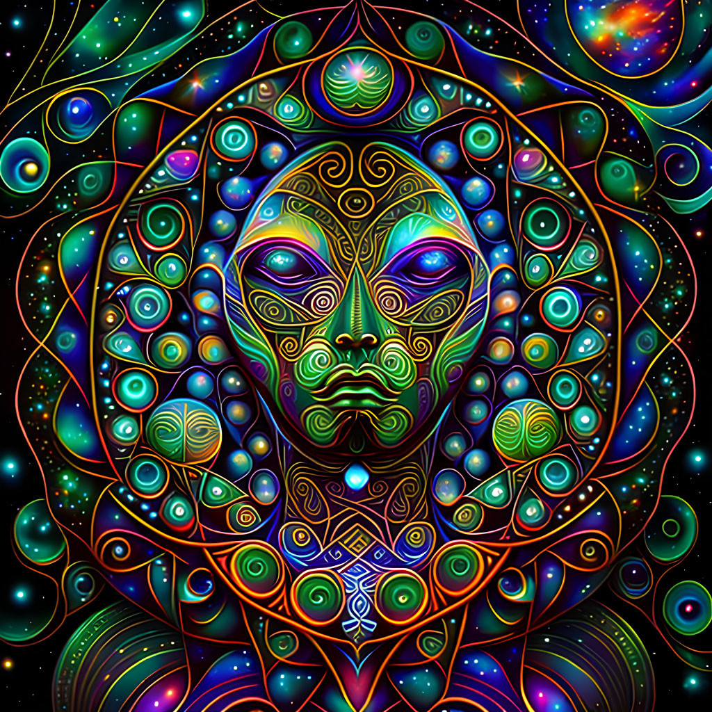 Colorful Psychedelic Artwork: Alien Face with Cosmic Motifs