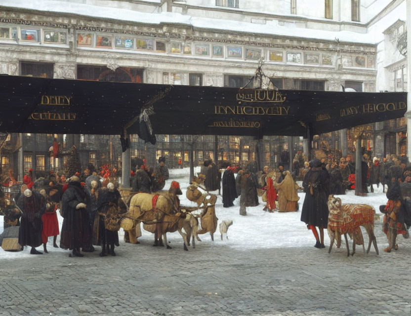 Winter market scene with period clothing, horse-drawn carts, and snow-covered buildings.