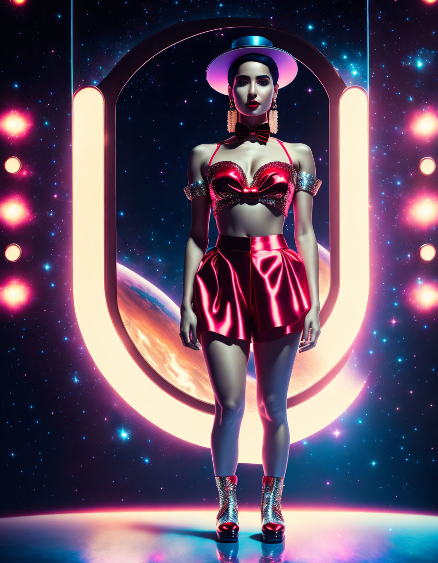 Futuristic woman in neon-lit space with stylized outfit and glowing letter "U