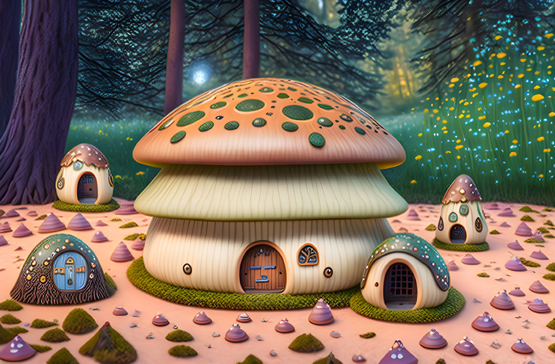 Enchanting forest scene with glowing mushrooms and whimsical decor