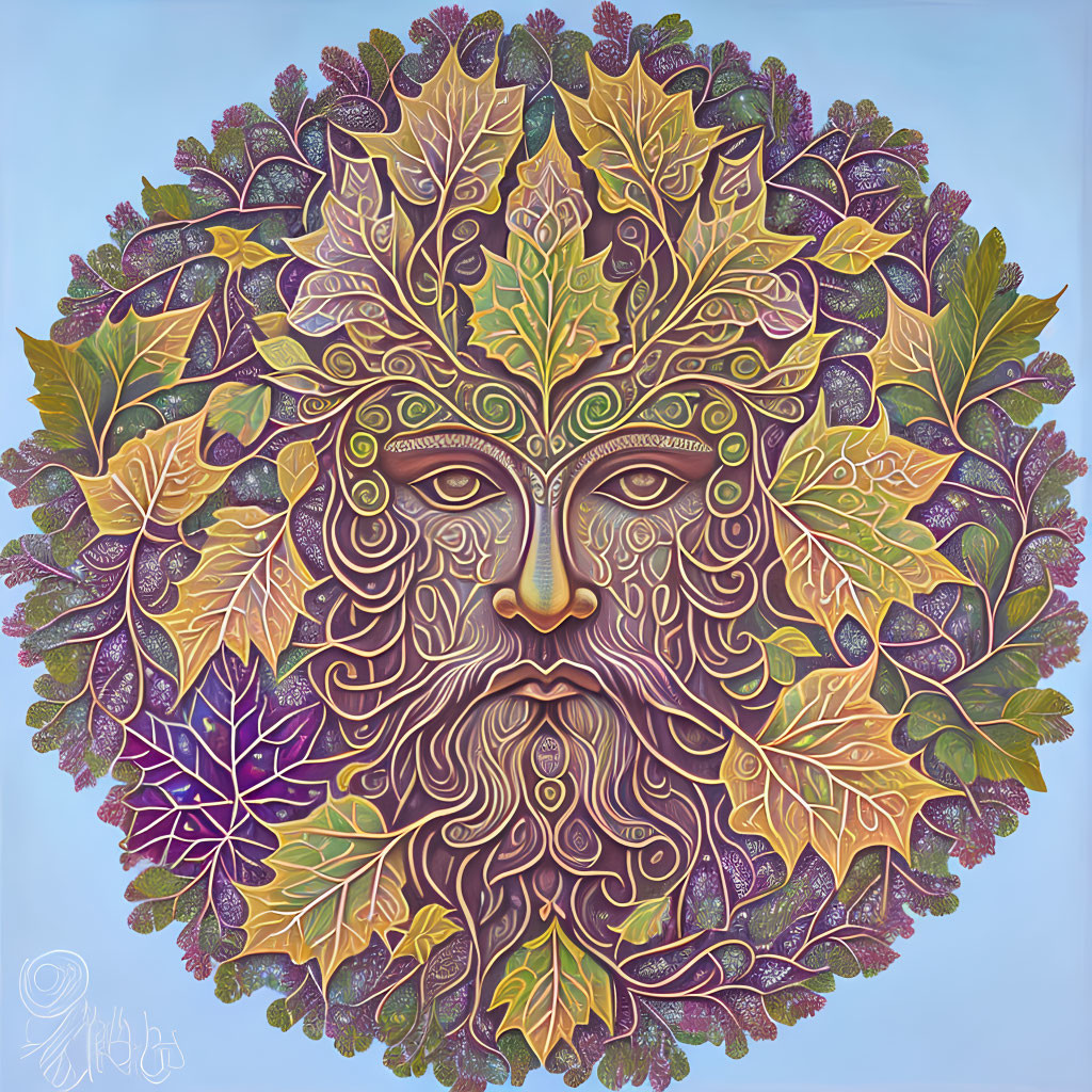 Detailed Green Man Illustration with Face in Purple, Green, and Gold Foliage