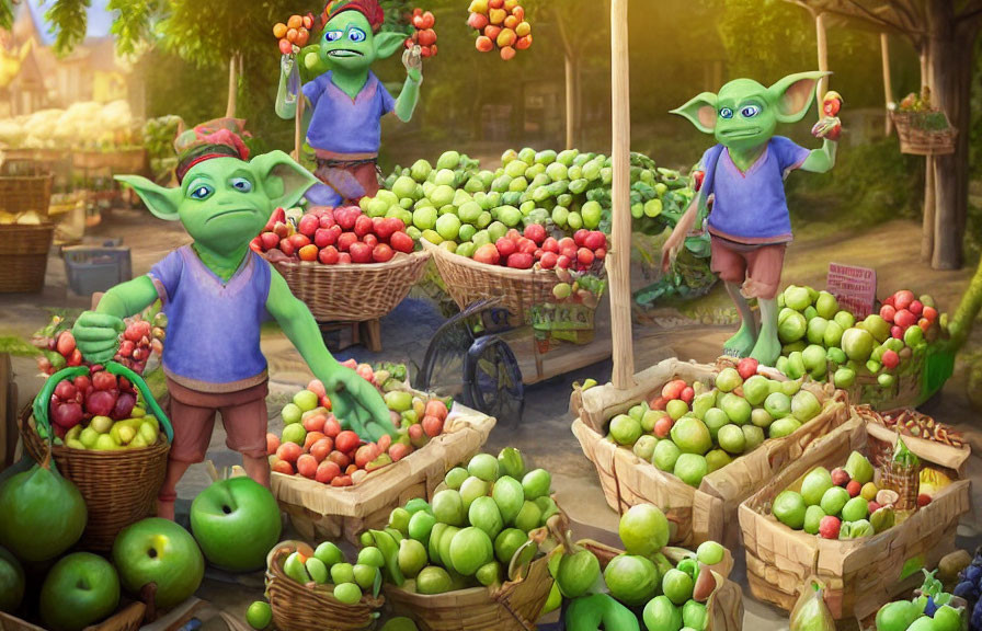 Colorful Cartoon Goblins Sell Apples at Outdoor Market