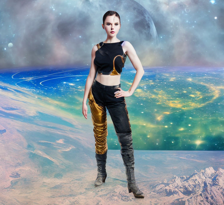 Futuristic woman in black outfit against cosmic backdrop