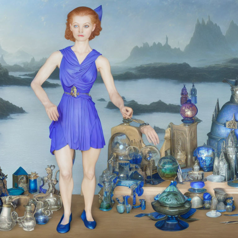 Woman in Blue Dress Among Eclectic Objects and Surreal Landscape