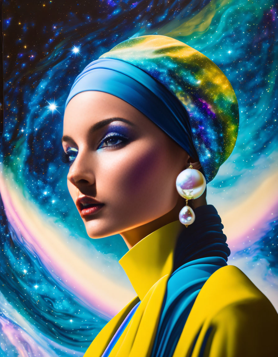 Illustrated portrait of woman in blue headwrap against cosmic backdrop