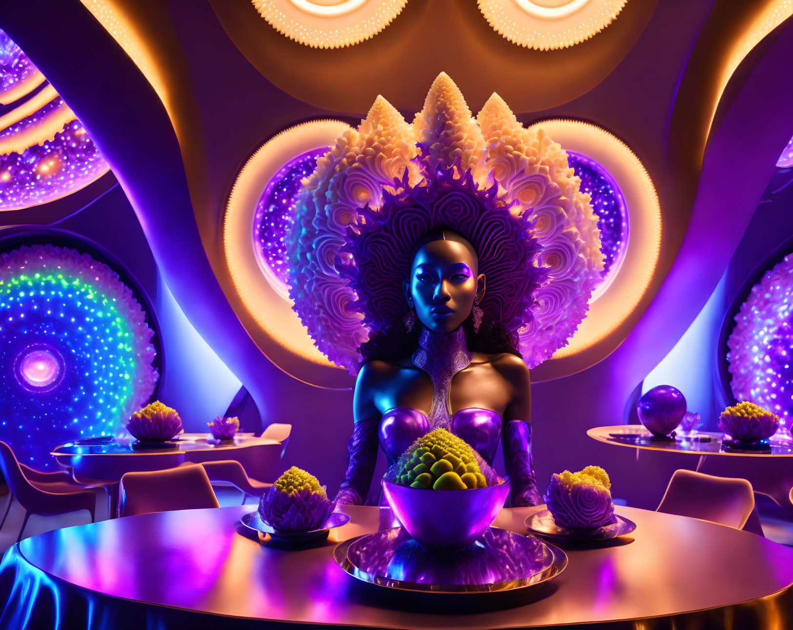 Metallic humanoid figure in neon-lit futuristic setting with fractal art.