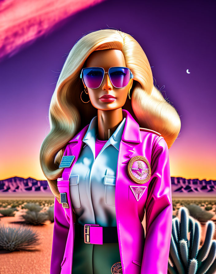 Blond Woman in Pink Jacket and Blue Shades in Surreal Desert Scene