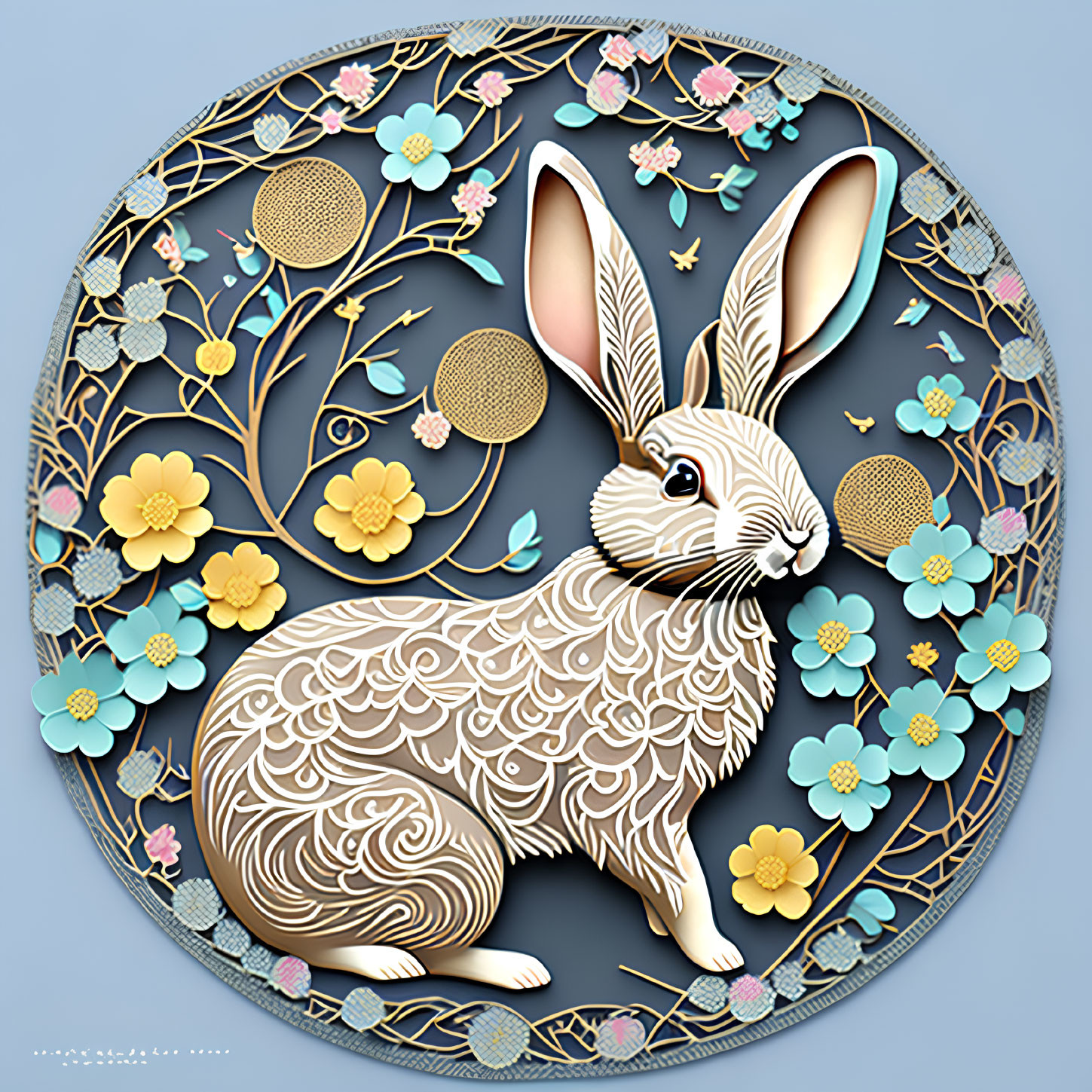 Intricately patterned rabbit with floral motifs in circular frame