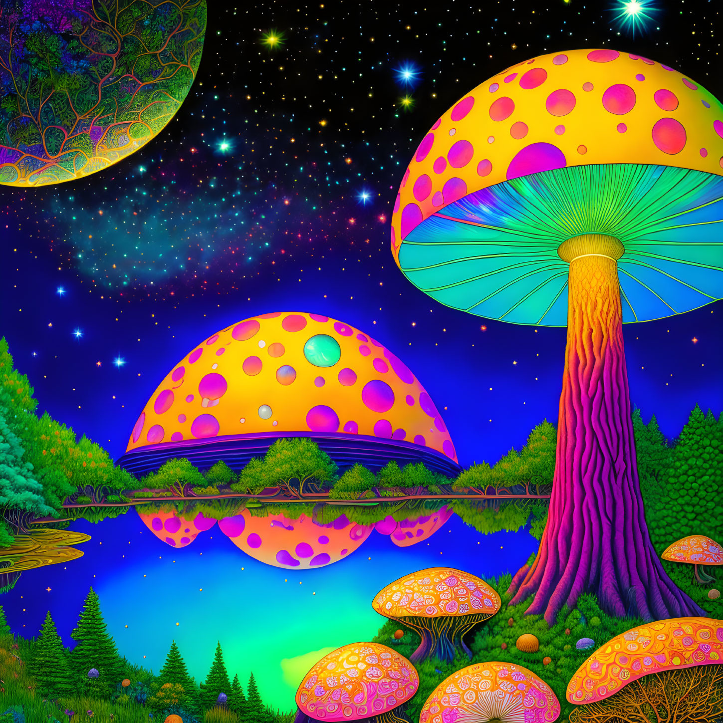 Colorful Mushroom Landscape with Celestial Sky