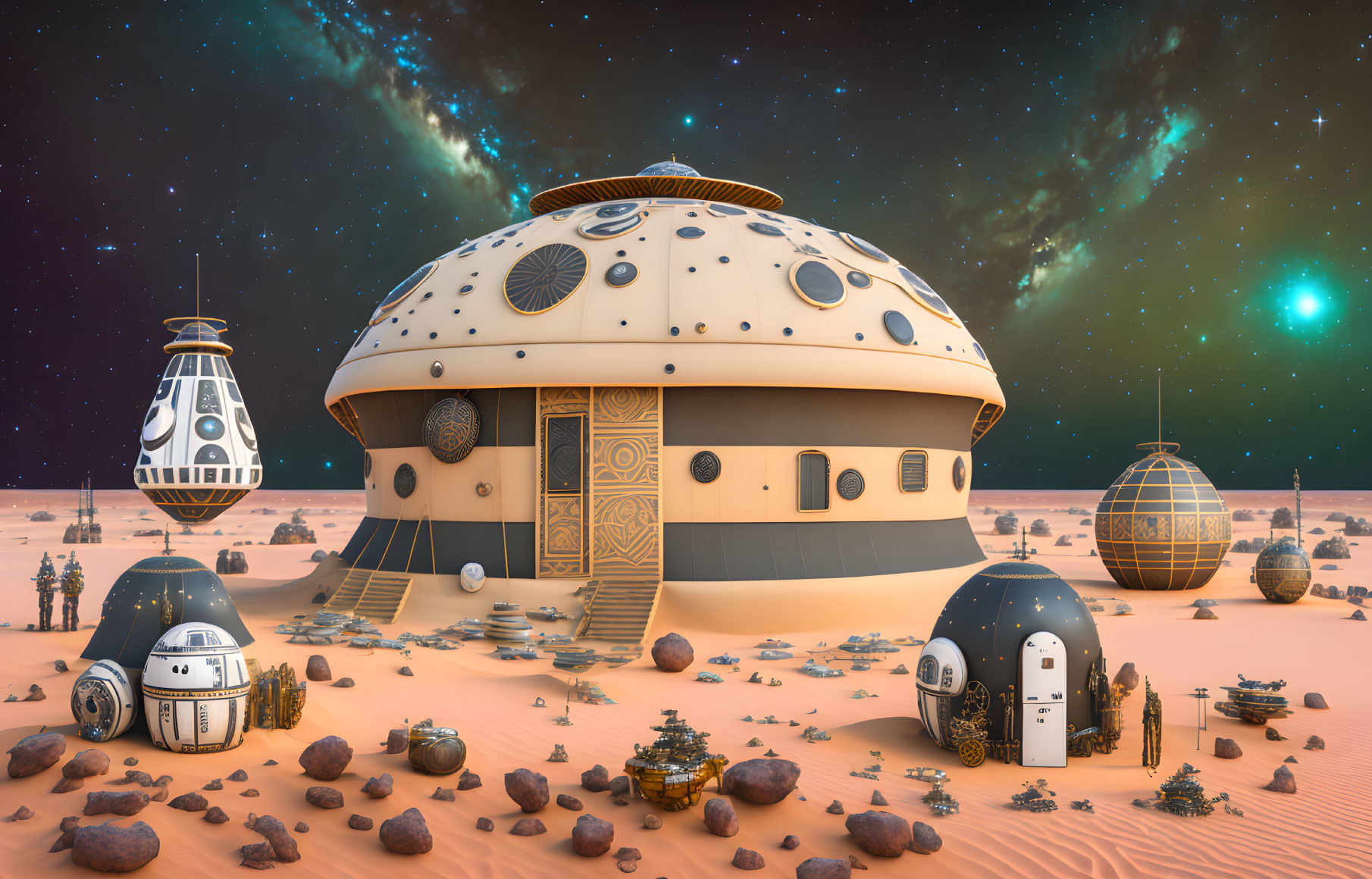 Futuristic desert settlement with dome-shaped structures and robots under starry sky