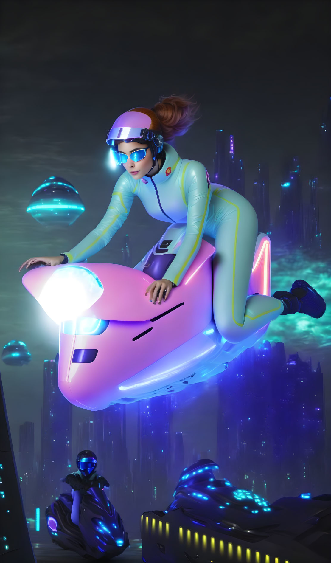 Futuristic image of female on hoverboard amid neon city