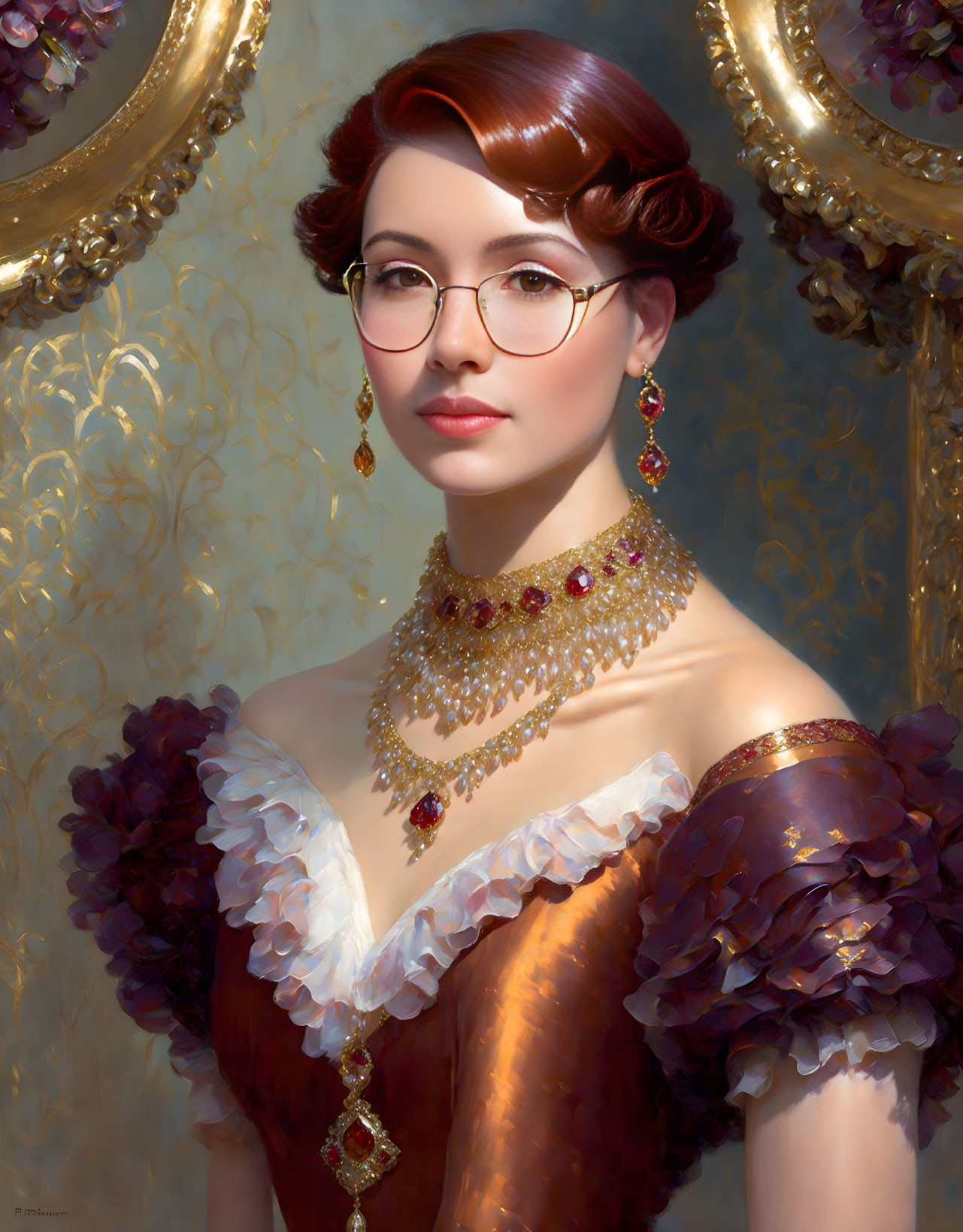 Portrait of woman with auburn hair, glasses, gold necklace, in ruffled dress, framed