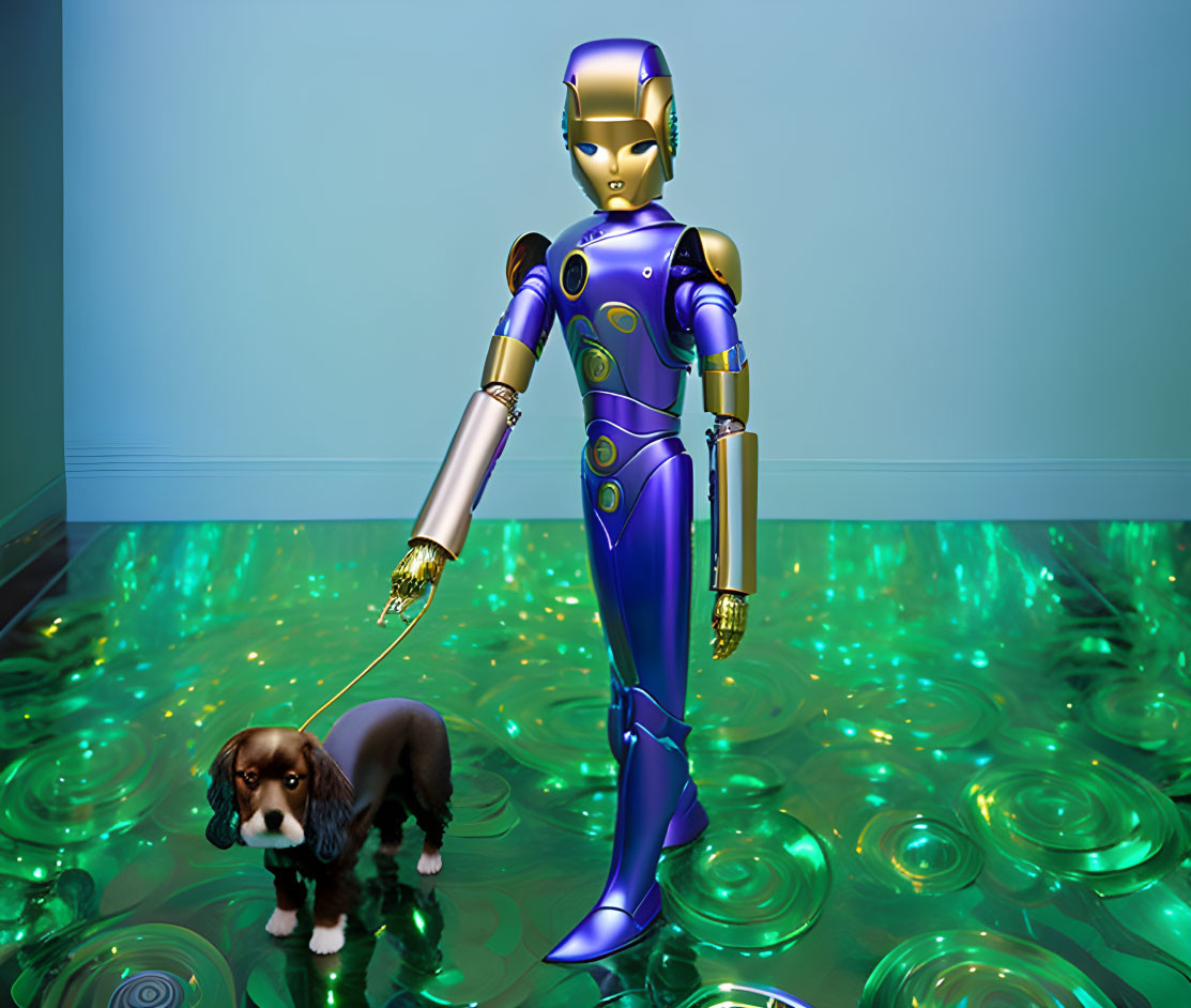 Futuristic humanoid robot walking a dog on glowing green circles