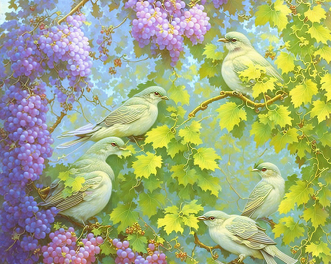 Vibrant painting of green birds on branches with grapes on sky-blue backdrop