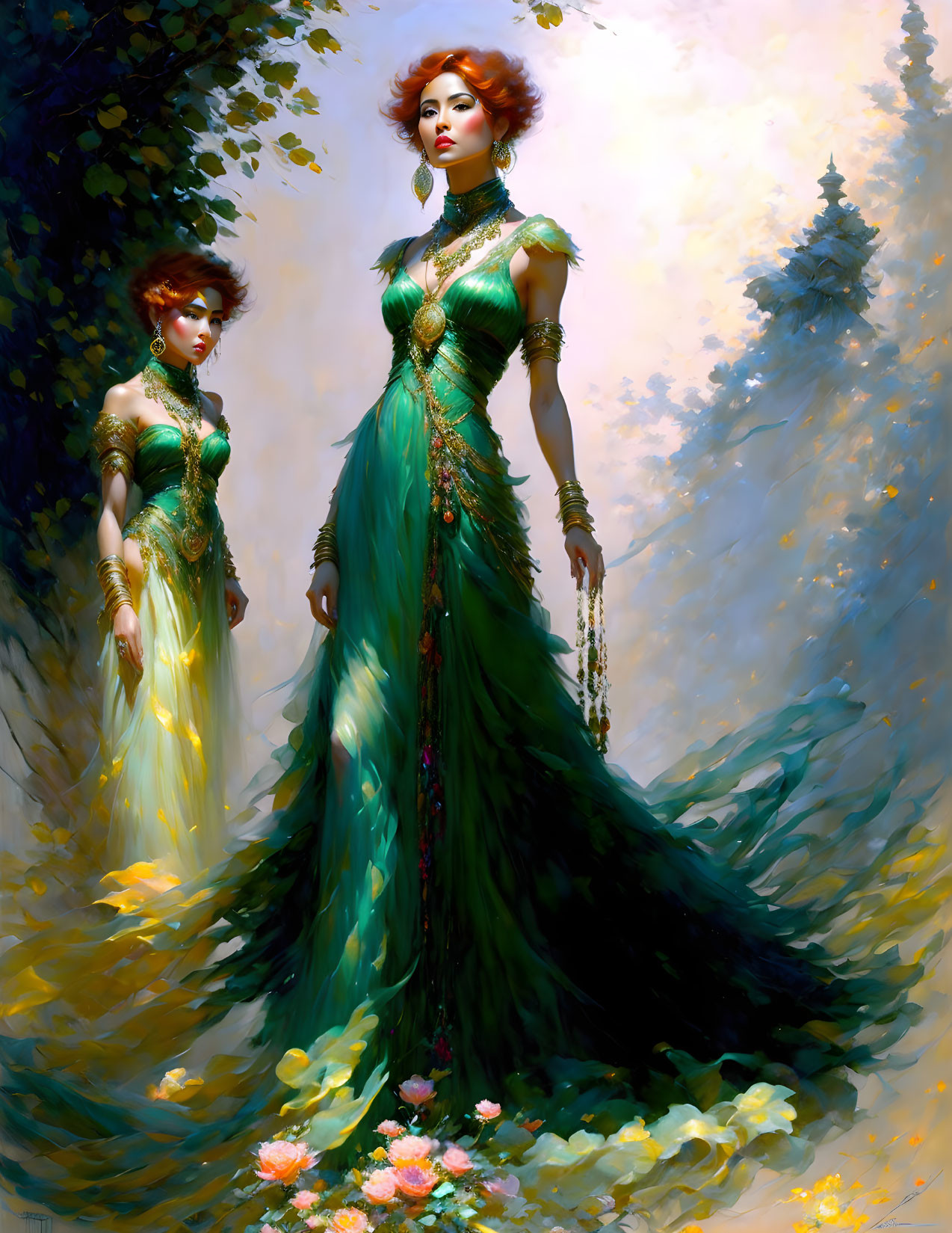 Woman in Green Gown with Gold Embroidery Reflected in Mirror against Forest Background