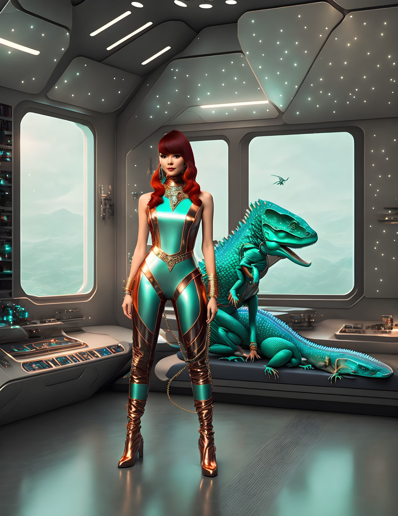 Futuristic woman in spaceship with mountain view and dinosaur creature