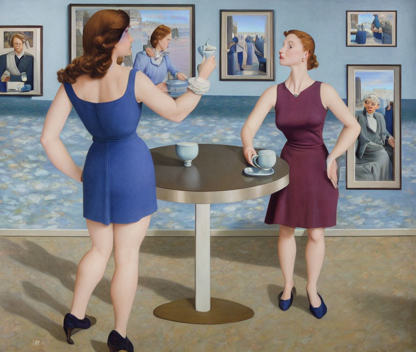 Artistic painting of two women in gallery with surreal elements and teacup.