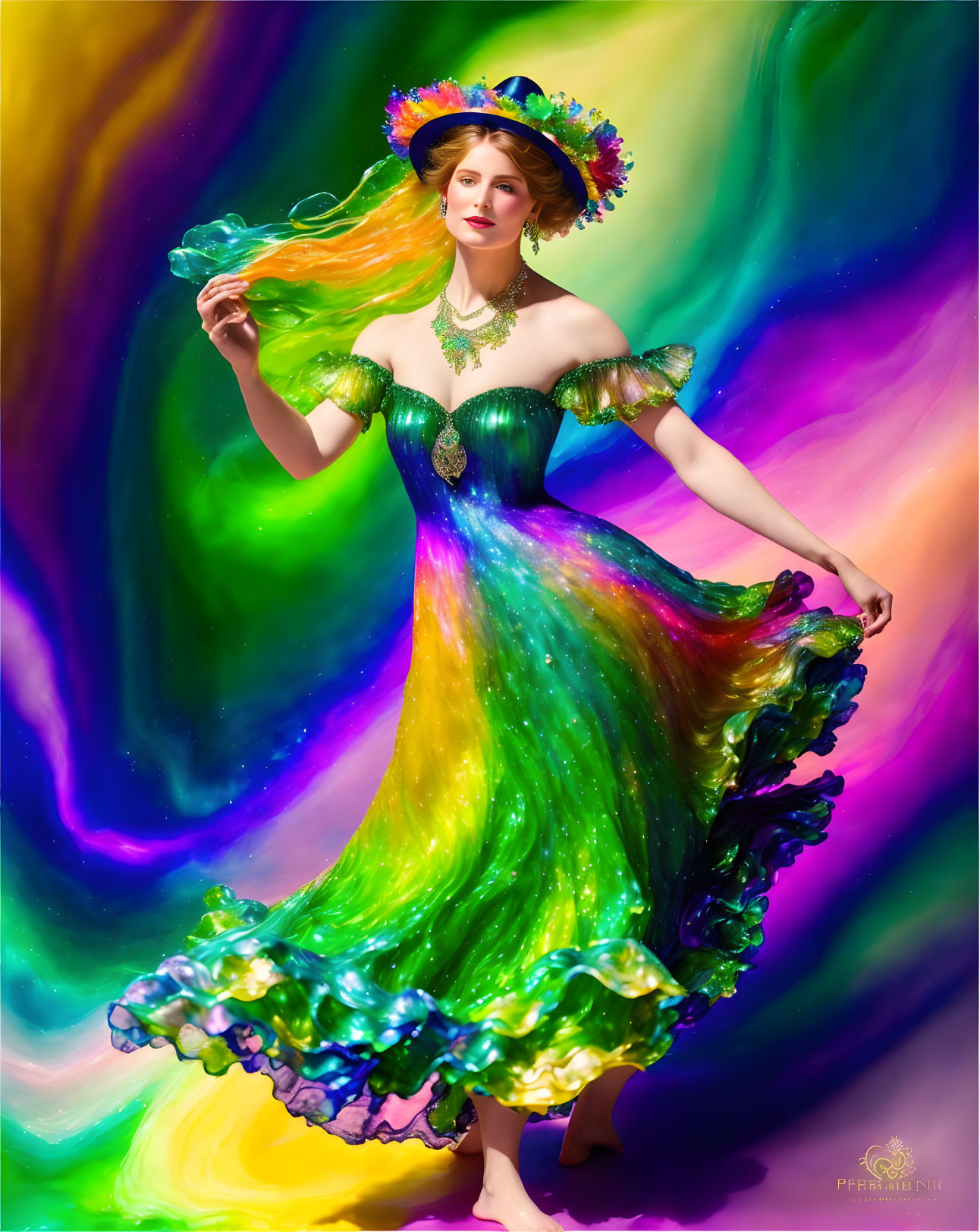 Colorful Woman in Rainbow Dress and Floral Headpiece on Swirling Background