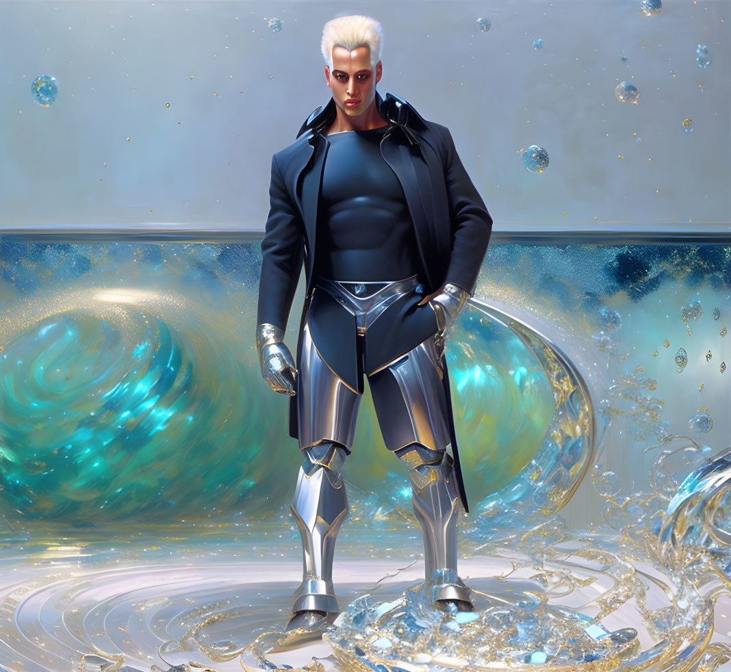 Silver-haired futuristic individual with cybernetic limbs in abstract setting.