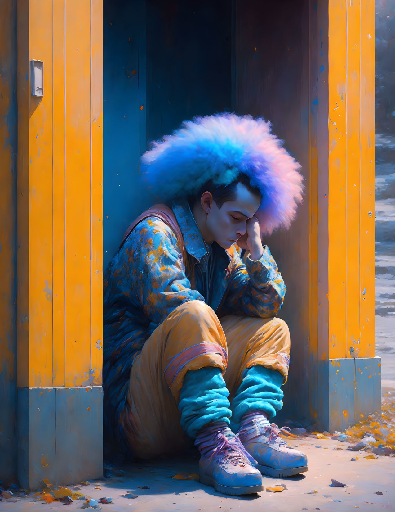 Blue-haired person in contemplative pose in yellow doorway wearing colorful outfit