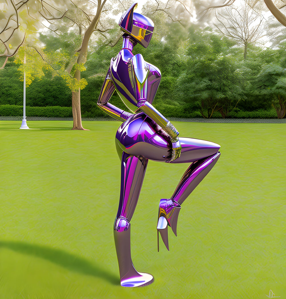 Purple humanoid robot posing in green park with trees and lamp post