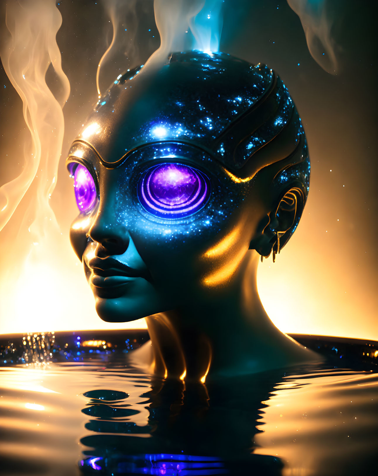 Futuristic digital art: Female figure with glowing purple eyes, starry skin texture, submerged in