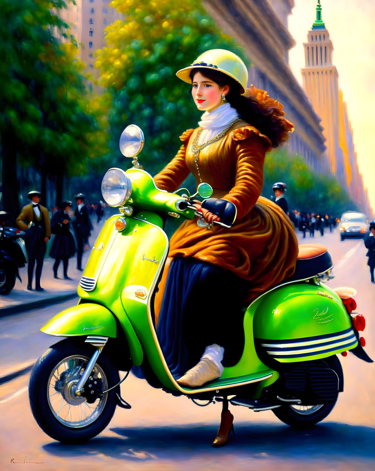 Woman in vintage attire on green scooter in bustling city scene