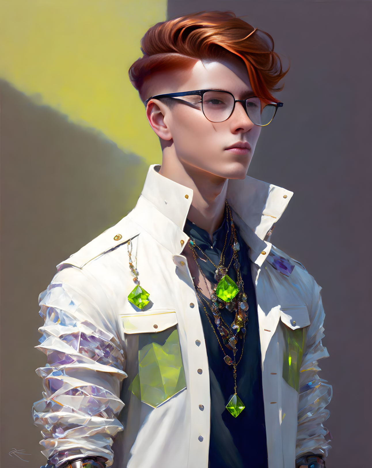 Red-haired person in crystal-adorned white jacket with green gemstone accessories