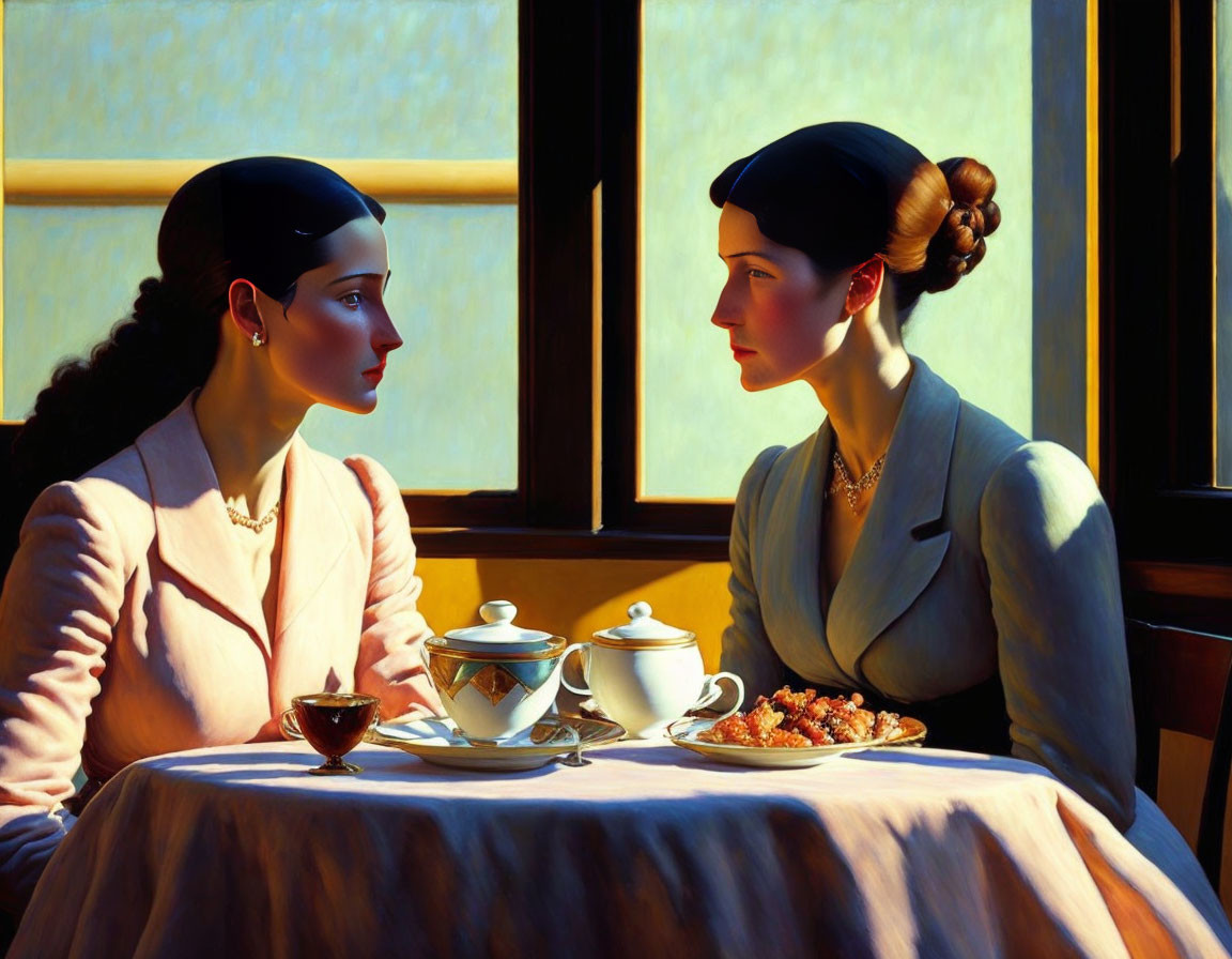 Elegantly dressed women having tea at table with sunlight and shadows.