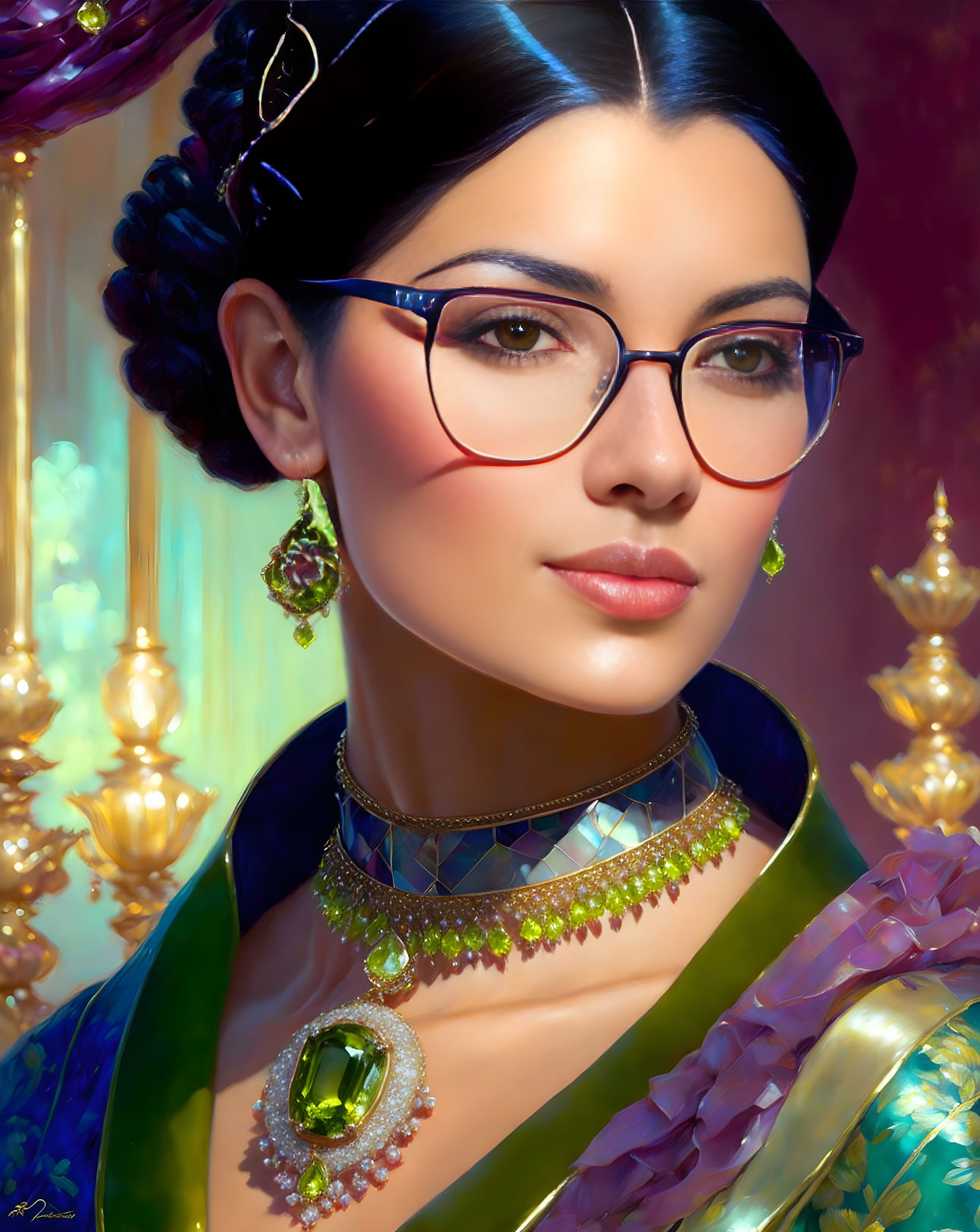 Portrait of woman with braided dark hair, glasses, ornate jewelry, green and gold attire.