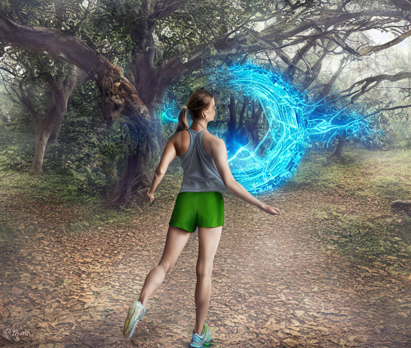 Woman jogging in forest near glowing blue portal