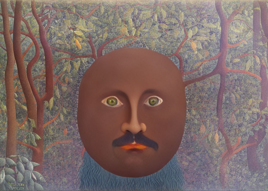 Surreal portrait: face on forest background, prominent eyes, mustache, subdued colors