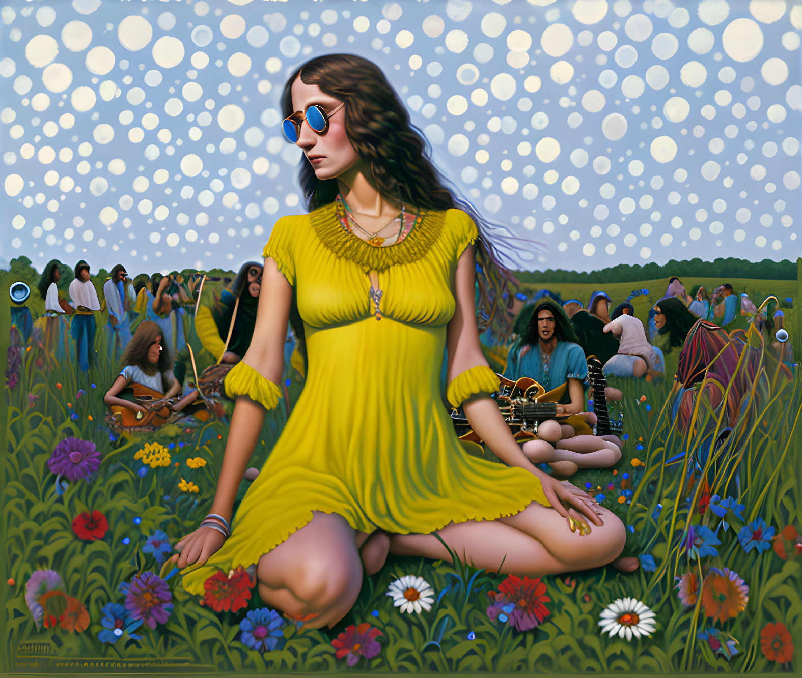 Woman in Yellow Dress and Blue Sunglasses Sitting in Flower Field with Retro Vibe