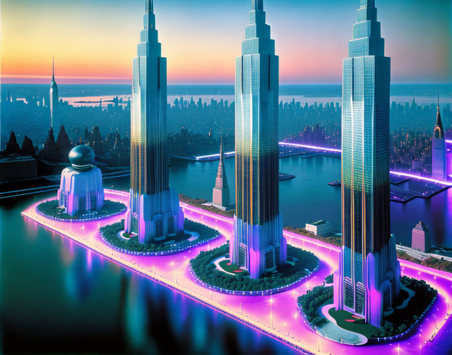 Futuristic cityscape: illuminated skyscrapers, neon lights, reflective waterways