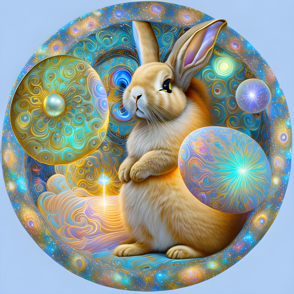 Golden rabbit with blue eyes holding decorated egg in cosmic background