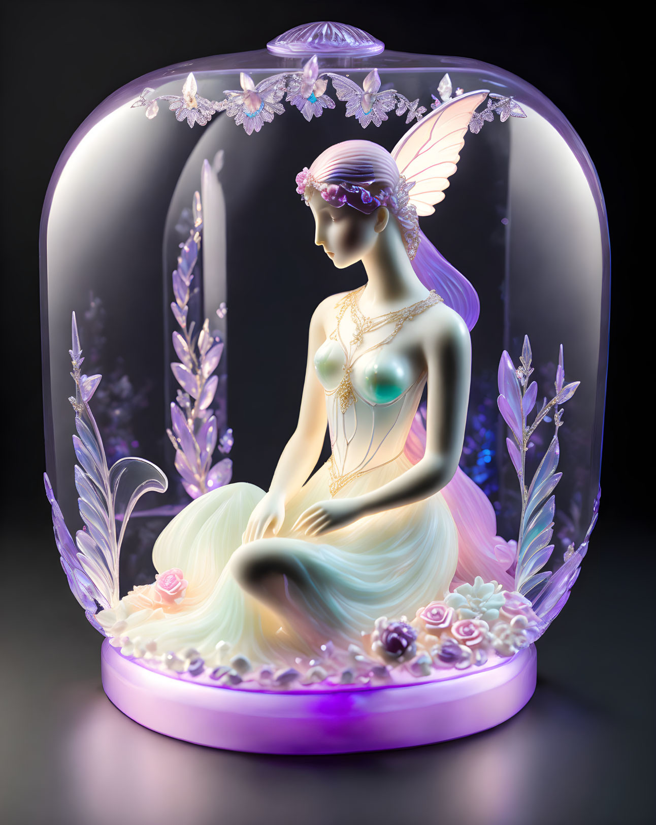 Ethereal fairytale figure with wings in luminous glass dome